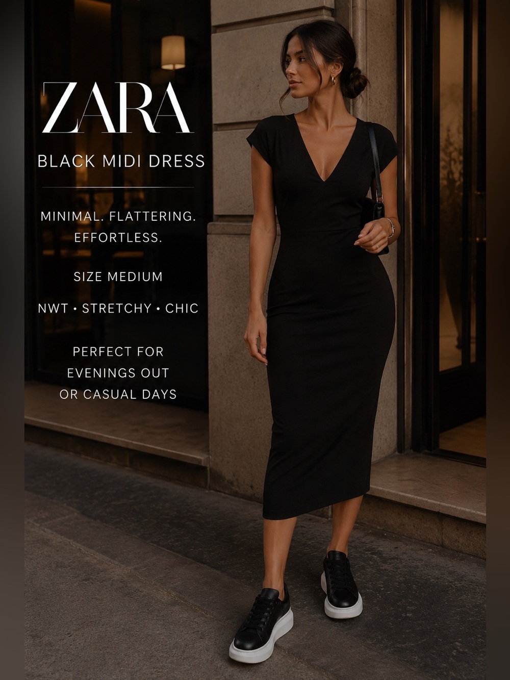 NWT Zara Black Stretch Midi Dress Size Medium Minimal Chic V-Neck Sheath